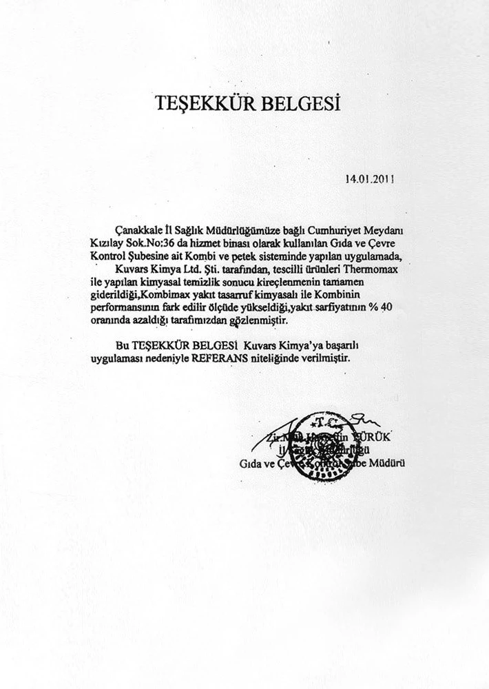 Çanakkale Provincial Health Directorate Certificate of Appreciation