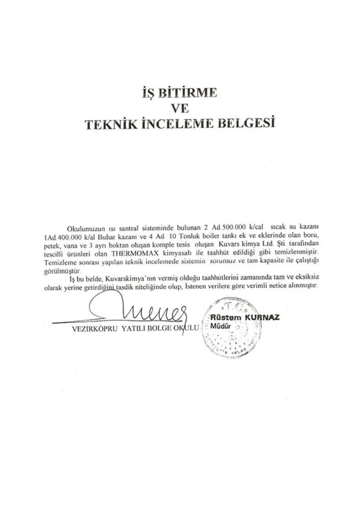 Vezirköprü Regional Boarding School Work Completion and Technical Inspection Certificate