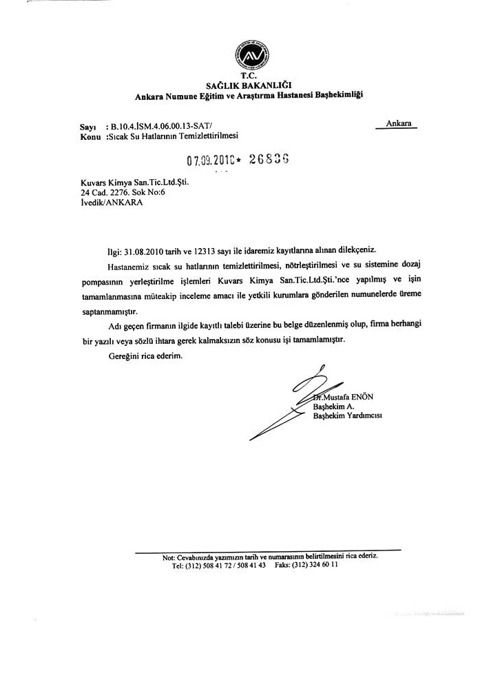 Ankara Numune Hospital Hot Water Lines Cleaning Work Completion Certificate