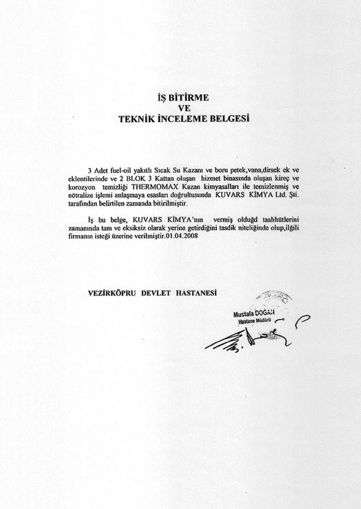 Vezirköprü State Hospital Thermomax Boiler Cleaning Work Completion Certificate